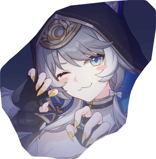 Gacha game character Cipher (aka Cifera). She has grey hair, some cartoony blush, and a cat-like smile. Part of her lip comes down, appearing like a fang. Her hands are positioned in a way like she's about to playfully scratch you, with long, yellow, claw-like nails.