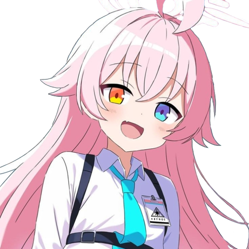 Gacha game character Takanashi Hoshino. She has pink hair, with an open smile. Part of her lip comes down, appearing like a fang.