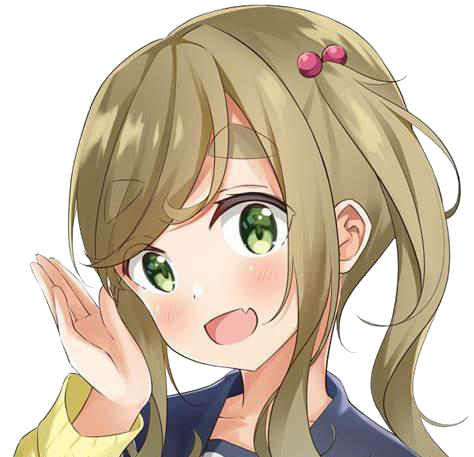 Anime character Aoi Inuyama (aka Inuko) from Yuru Camp. She has brownish-blond hair, with an open smile. Part of her lip comes down, appearing like a fang.