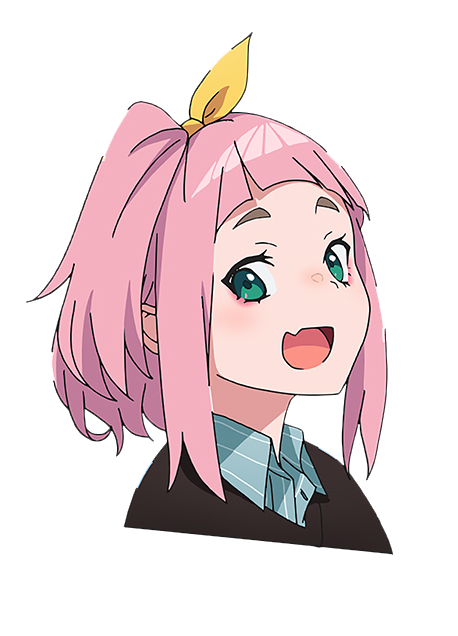 Anime character Watase Kiui from Jellyfish Can't Swim in the Night. They have pink hair, with an open smile. Part of their lip comes down, appearing like a fang.