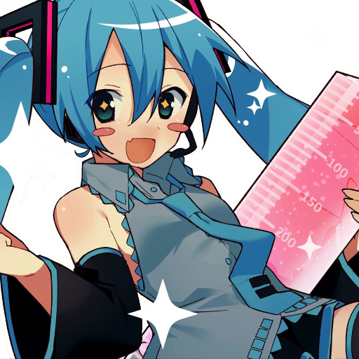 Vocaloid Hatsune Miku. She has blue hair, some cartoony blush, and an open smile. Part of her lip comes down, appearing like a fang. She's holding an extremely large syringe filled with pink liquid.